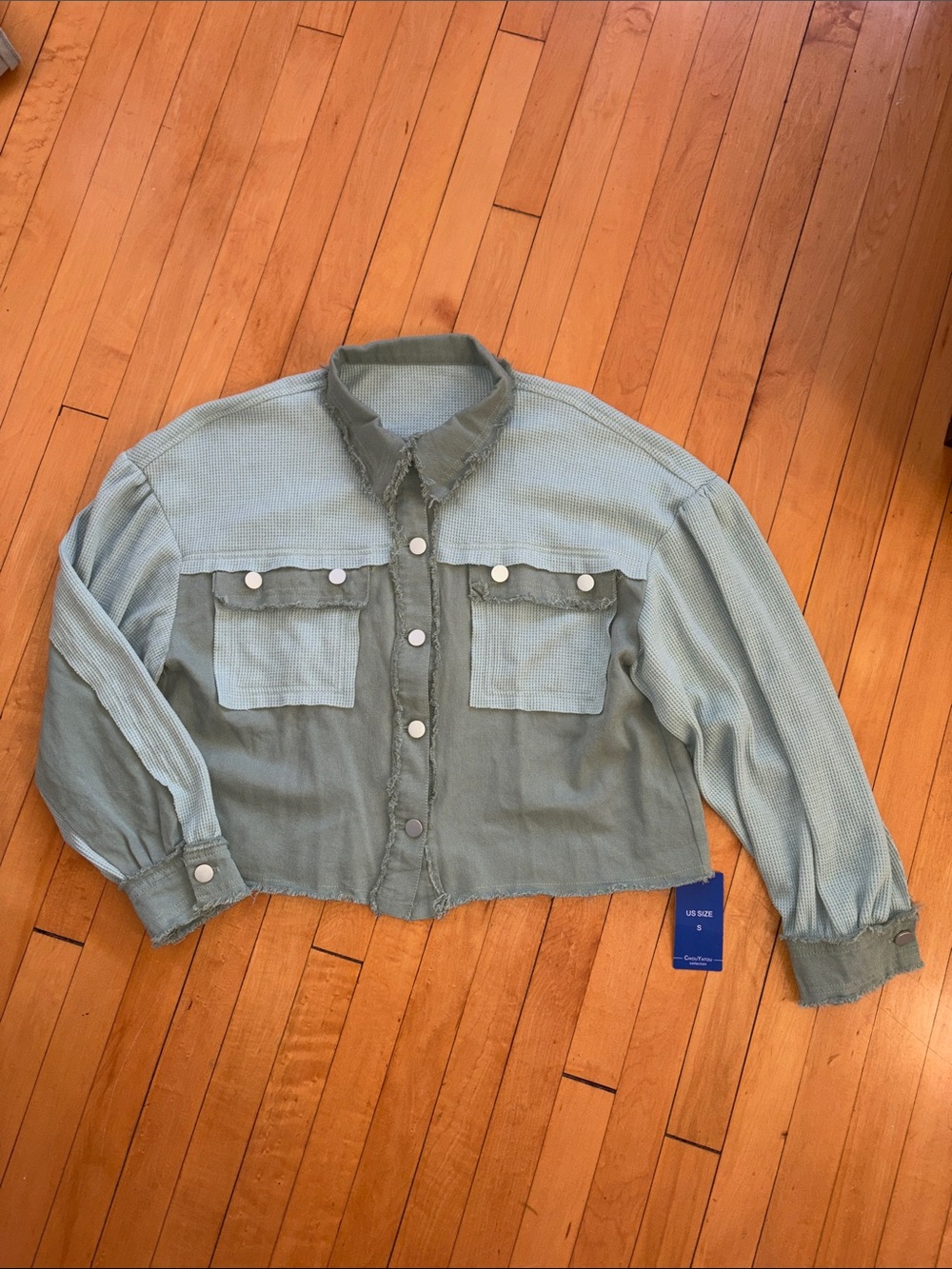 Cropped Two-Tone Light Sage Button-Up Jacket